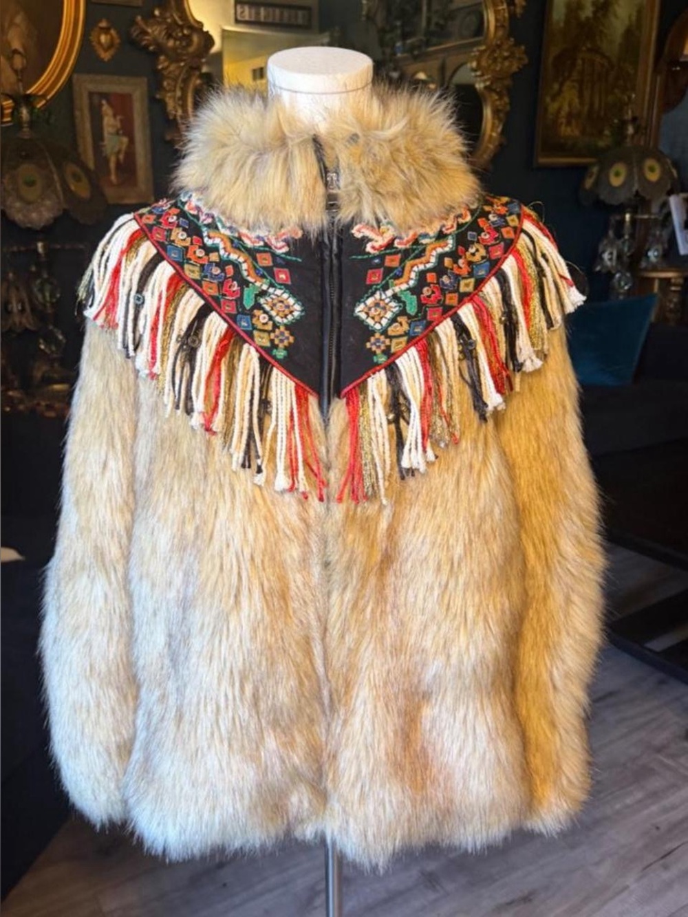 Zara Woman Faux Fur Embroidered Boho Festival Jacket Coat Size Medium